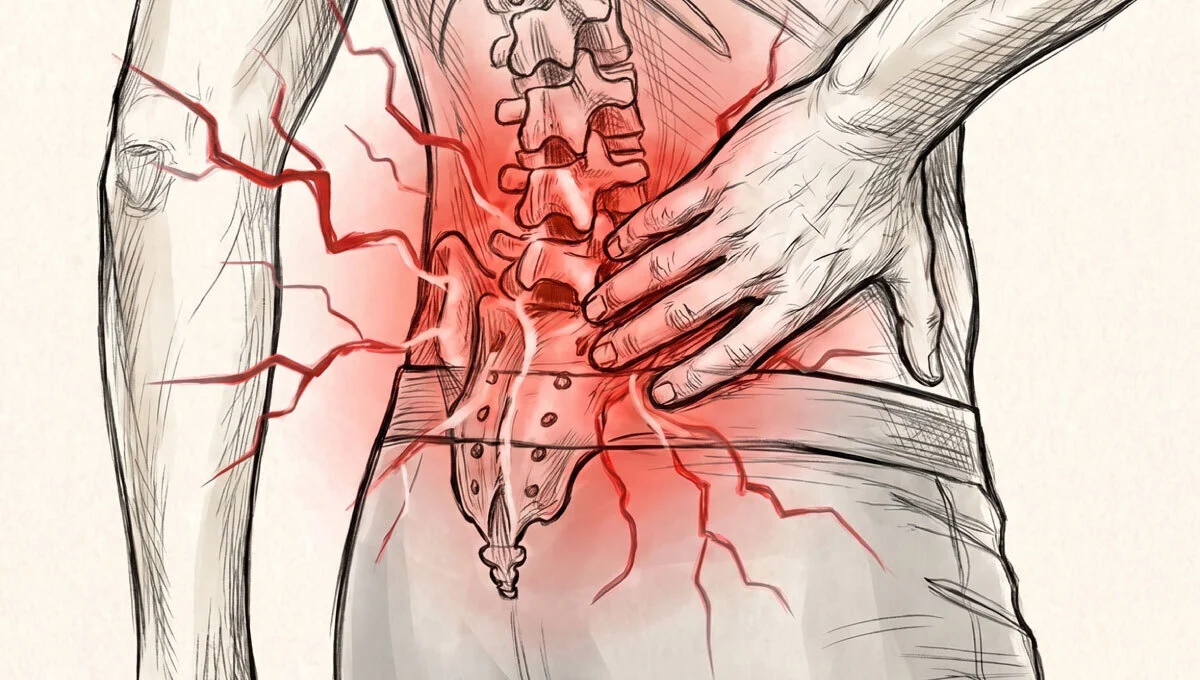 Medical illustration of lower back pain and sciatica showing red radiating pain lines down the leg and hip area