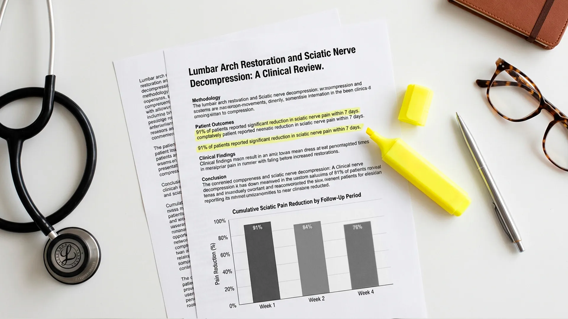 Clinical research document showing 91% of patients reported significant reduction in sciatic nerve pain within 7 days with highlighted statistics